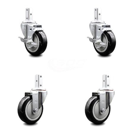 Service Caster 4 Inch Black Polyurethane Wheel Swivel 7/8 Inch Square Stem Caster Brakes, 2PK SCC-SQ20S414-PPUB-BLK-TLB-78-2-S-2